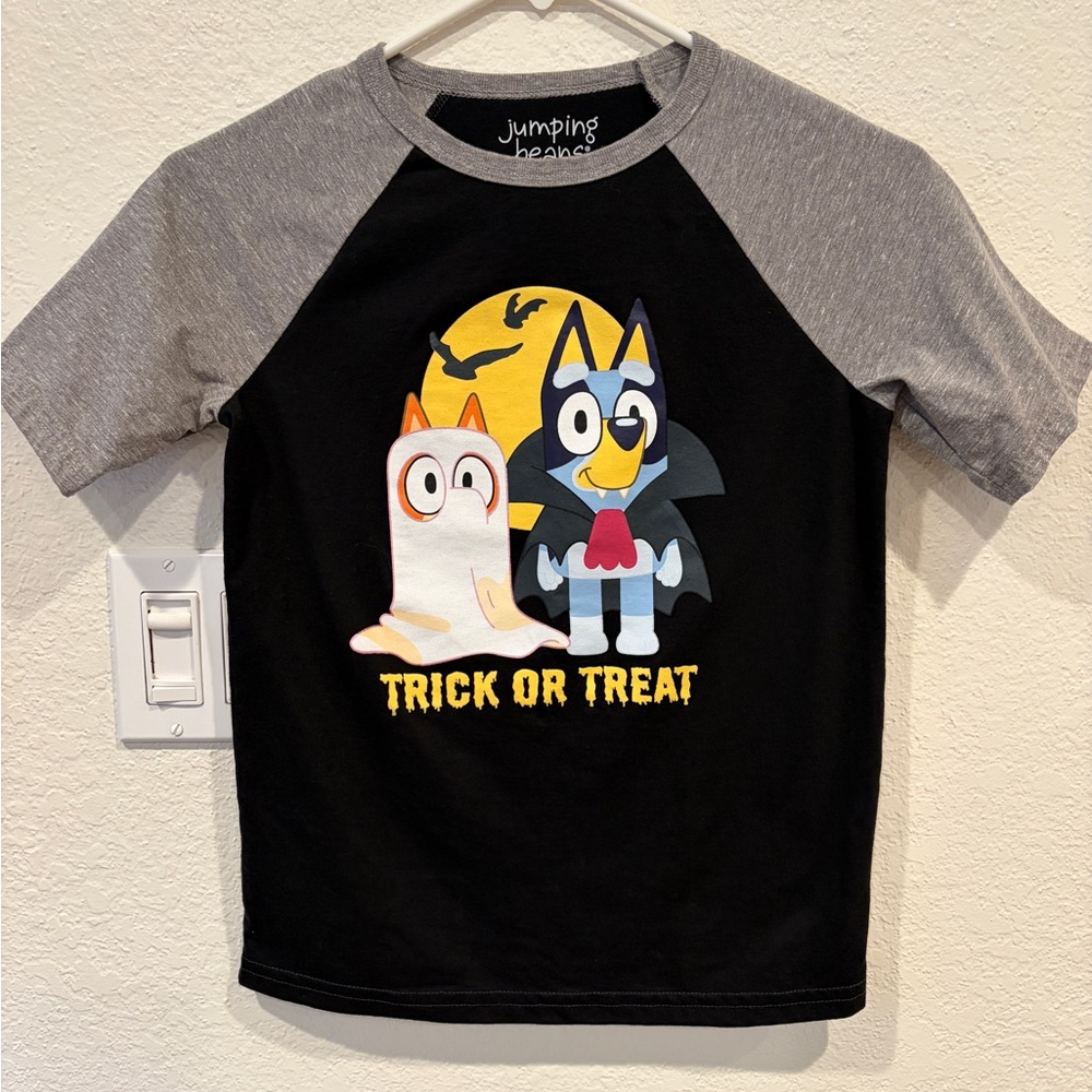 Bluey and Bingo Halloween raglan style tee